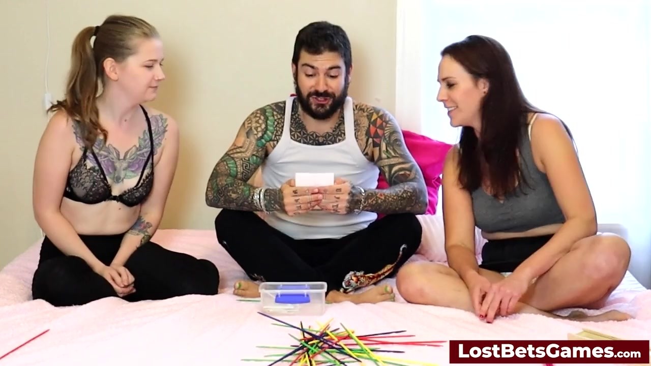 [Lost Bets Games] A heavily tattood man getting lucky with 2 hot babes after a strip game
