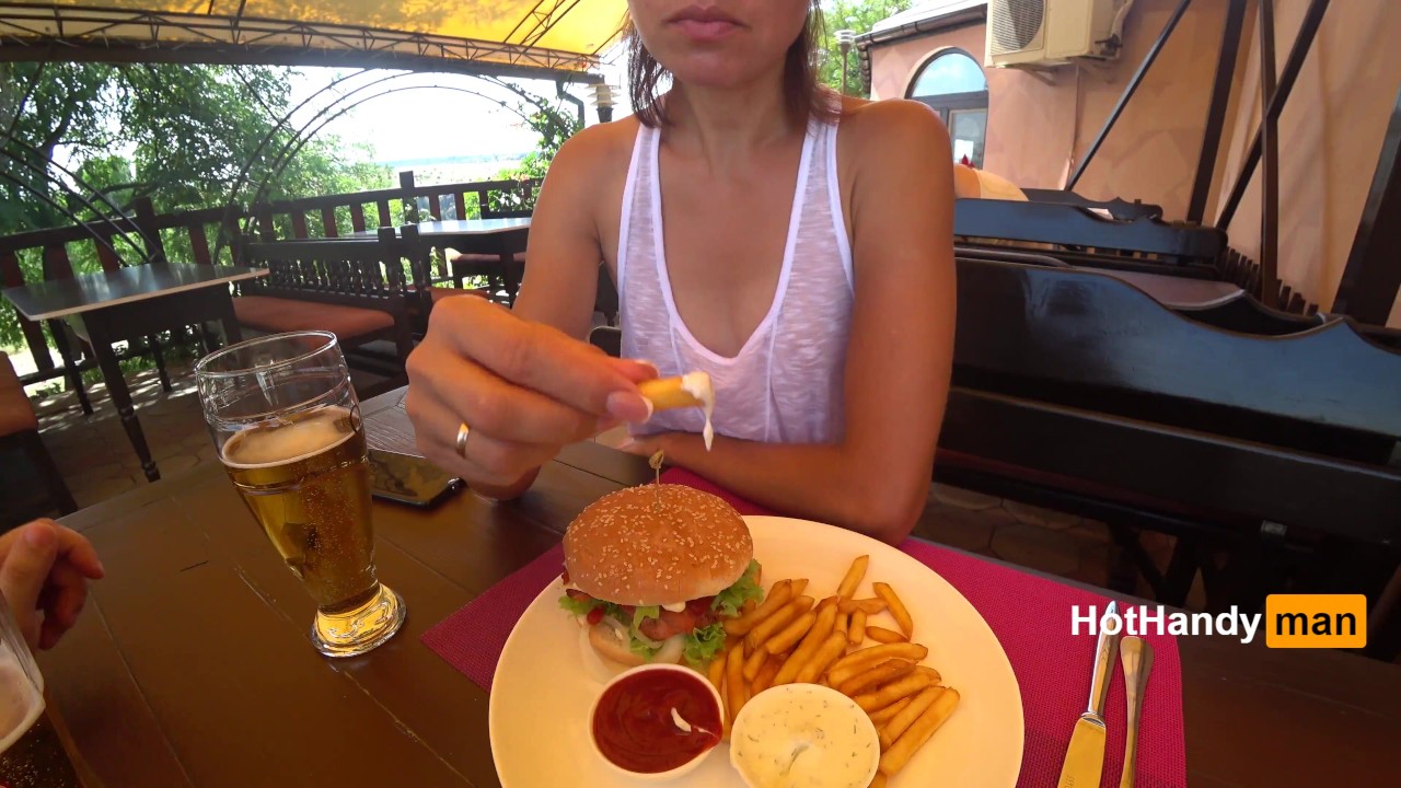 Eating burger and flashing in the cafe transparent t-shirt no bra (teaser) v2