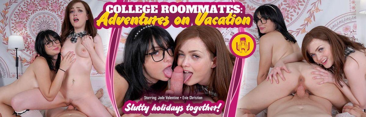 [13.47 GB] [RealJamVR.com] Evie Christian, Jade Valentine - College Roommates: Adventures on Vacation [2025-08-15, Anal, Blowjob, Brunette, Chestnut, Cowgirl, Doggystyle, F/F/M, Glasses, Hardcore, Lesbian, Missionary, POV, Pussy Licking, Reverse Cowgirl, Schoolgirl, Skirt, Small Tits, Teen, Threesome, Trimmed Pussy, VR, 8K, 4096p] [Oculus Rift / Vive]