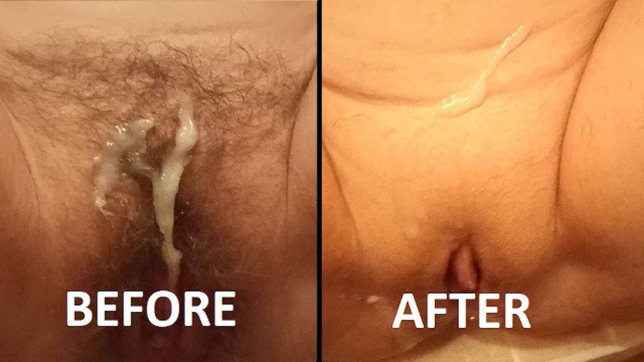 Milf gets cum on a hairy pussy, shaves it, then gets cum on pussy again!